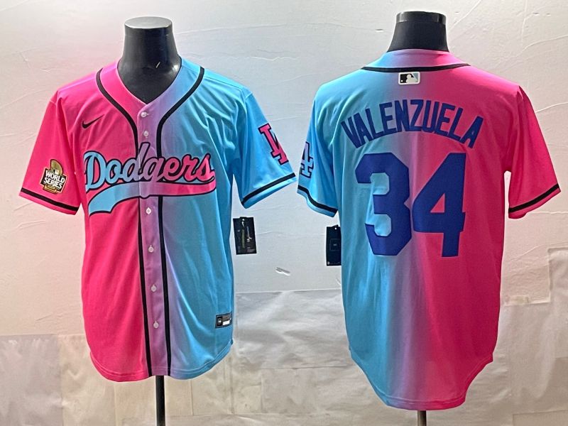 Men 2025 Los Angeles Dodgers 34 Valenzuela Blue pink Game Nike MLB Jersey style 06